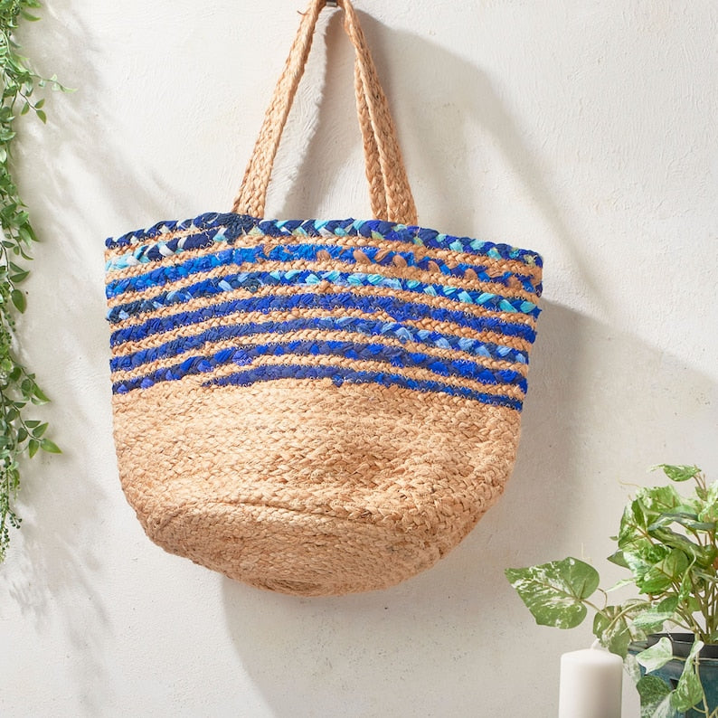 Indigo Blue Jute Tote Bag