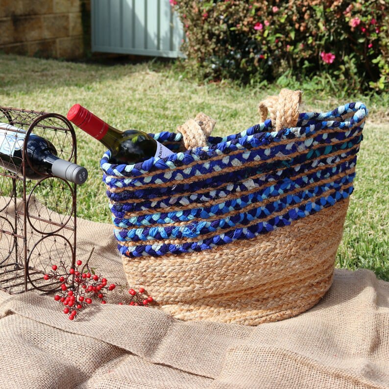 Indigo Blue Jute Tote Bag