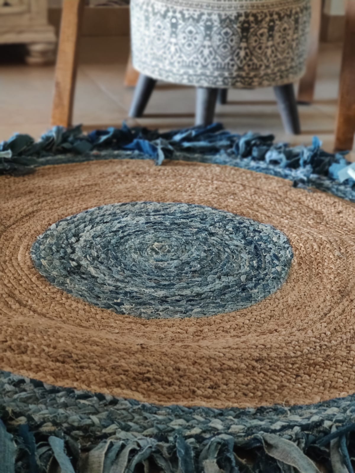 Jute and Denim Round Rug with Tassles